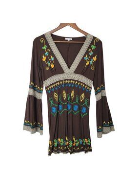 Debbie Katz South Beach Embroidered Tunic Dress Size M Brown Bell Sleeves Boho